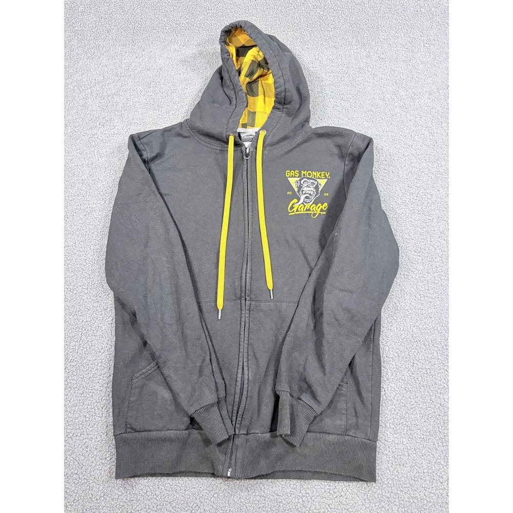 Gas Monkey Garage Hoodie Mens Small Black Full Zip Plaid Lined Graphic Logo